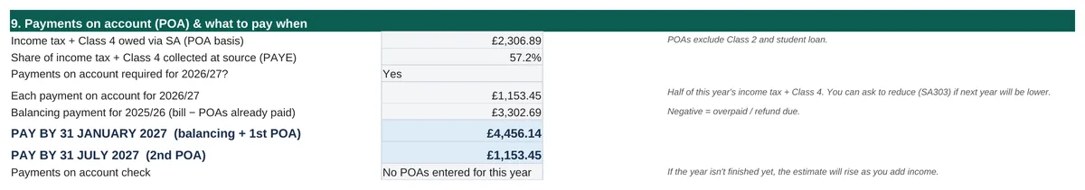 Spreadsheet screenshot: Payments on account explained