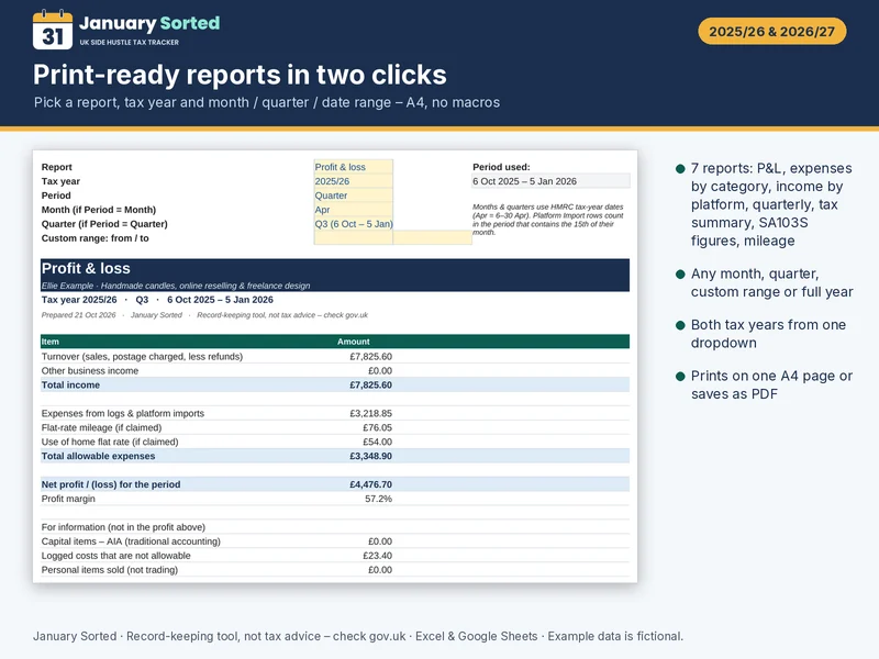 Print-ready reports for any month, quarter or date range